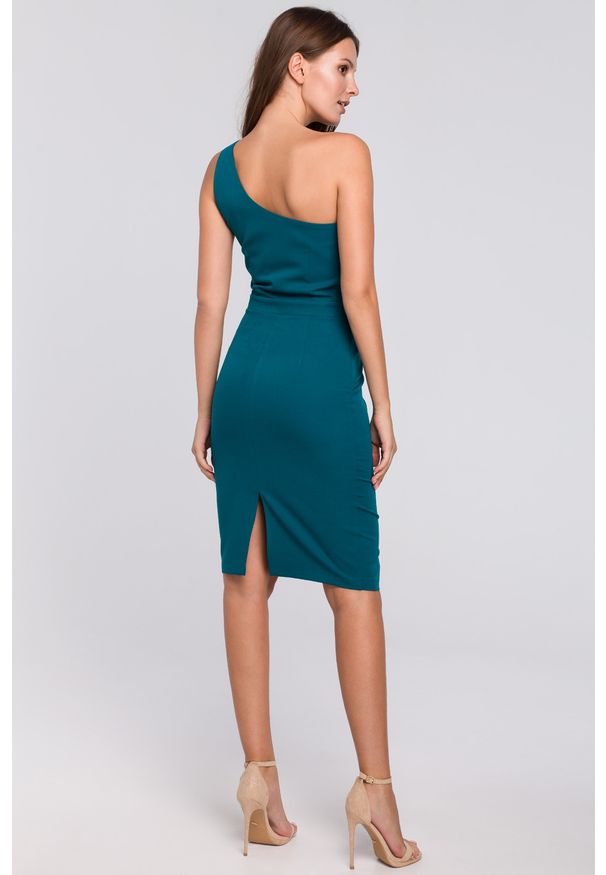 Sukienki.shop - Elegancka sukienka na jedno ramię ołówkowa morska. Okazja: na randkę, na imprezę, do pracy. Kolor: morski, czerwony. Typ sukienki: ołówkowe. Styl: elegancki. Długość: midi