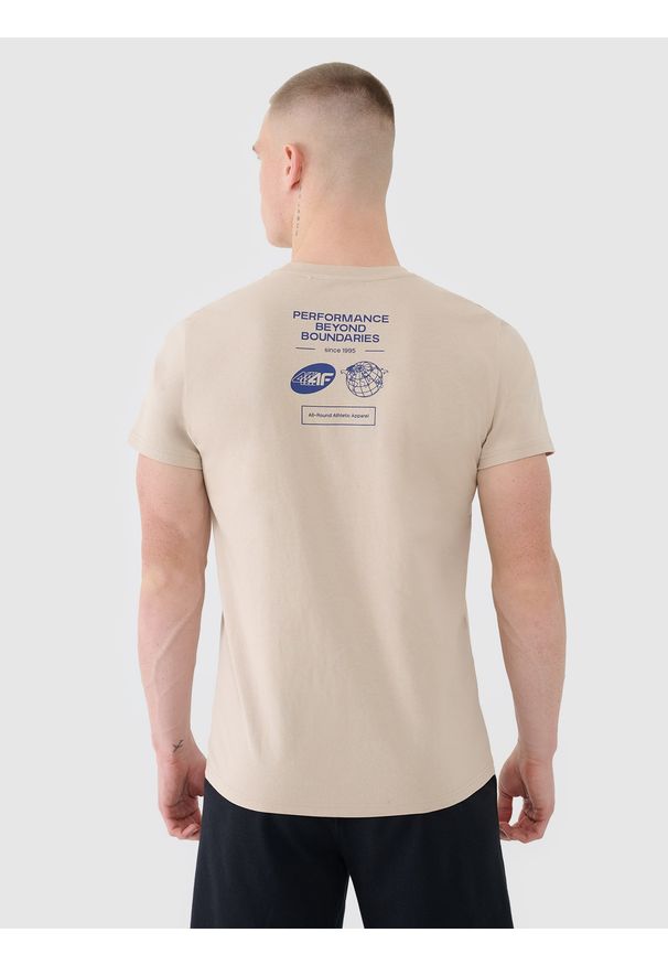 4f - 4F T-shirt regular z nadrukiem męski - beżowy L. Okazja: na co dzień. Kolor: beżowy. Materiał: dzianina, bawełna, jersey. Długość rękawa: krótki rękaw. Długość: krótkie. Wzór: nadruk. Styl: klasyczny, sportowy, casual