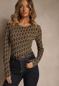 Renee - Brązowo-Czarna Bluzka Longsleeve z Bawełny Ozdobiony Literowym Wzorem Javelina. Okazja: na co dzień. Kolor: brązowy. Materiał: bawełna. Długość rękawa: długi rękaw. Wzór: aplikacja. Styl: elegancki, casual, klasyczny