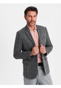 Ombre Clothing - Elegancka męska marynarka w kratkę z domieszką wełny – szara V1. Kolor: szary. Materiał: wełna. Wzór: kratka. Styl: elegancki