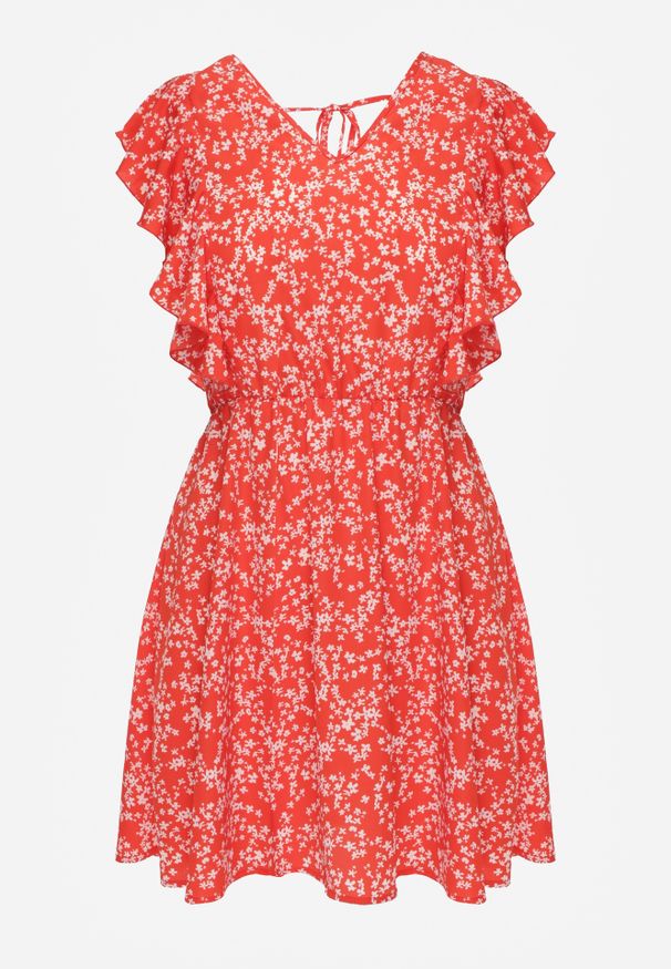 Renee - Czerwona Sukienka Elefa. Typ kołnierza: kołnierz z falbankami. Kolor: czerwony. Długość rękawa: krótki rękaw. Wzór: aplikacja, kwiaty. Sezon: lato. Długość: mini