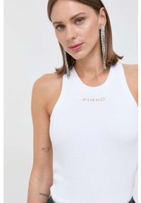 Pinko top damski kolor biały. Kolor: biały. Materiał: dzianina, prążkowany. Długość rękawa: na ramiączkach. Styl: klasyczny
