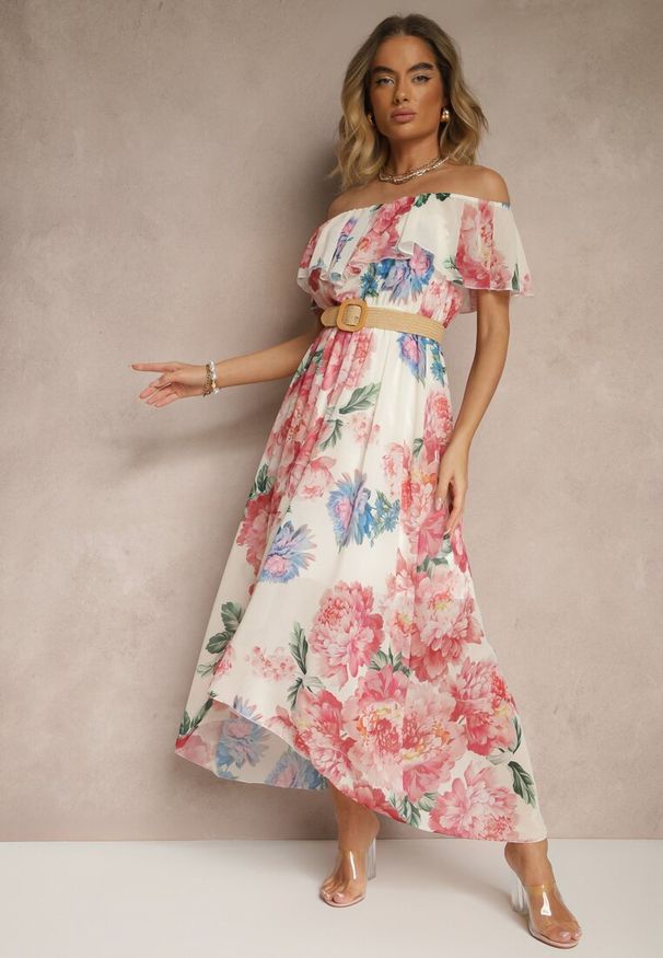 Renee - Różowa Sukienka Hiszpanka z Kwiatowym Wzorem i Plecionym Paskiem Sadeene. Okazja: na co dzień, na imprezę. Typ kołnierza: dekolt hiszpanka. Kolor: różowy. Wzór: kwiaty. Sezon: lato. Styl: casual, elegancki