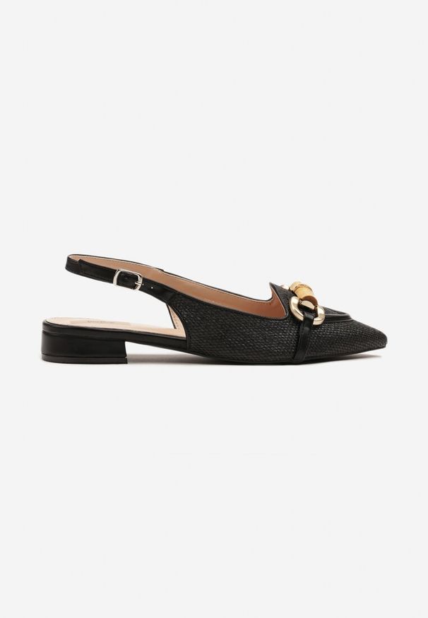 Renee - Czarne Tweedowe Sandały Slingback z Ozdobną Aplikacją Davira. Okazja: na co dzień. Kolor: czarny. Materiał: koronka, materiał. Wzór: aplikacja. Styl: elegancki, casual