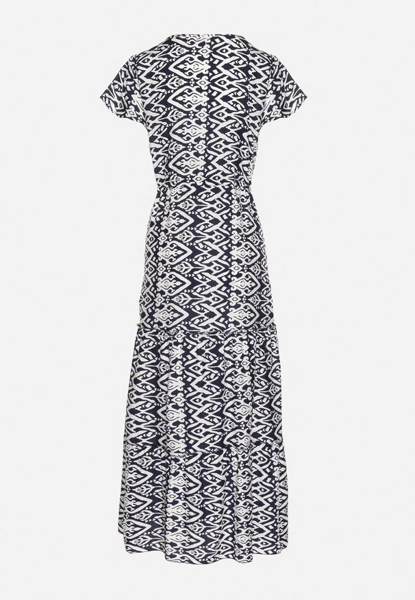 Born2be - Granatowa Bawełniana Sukienka Ozdobiona Azteckim Wzorem ze Sznurkiem w Talii Orrialle. Kolor: niebieski. Materiał: bawełna. Wzór: aplikacja