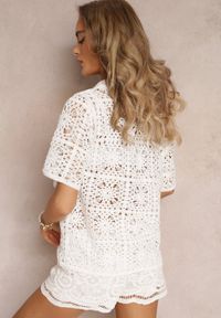 Renee - Biała Ażurowa Koszula z Krótkimi Rękawami Keikain. Kolor: biały. Materiał: jeans, tkanina. Długość rękawa: krótki rękaw. Długość: krótkie. Wzór: ażurowy