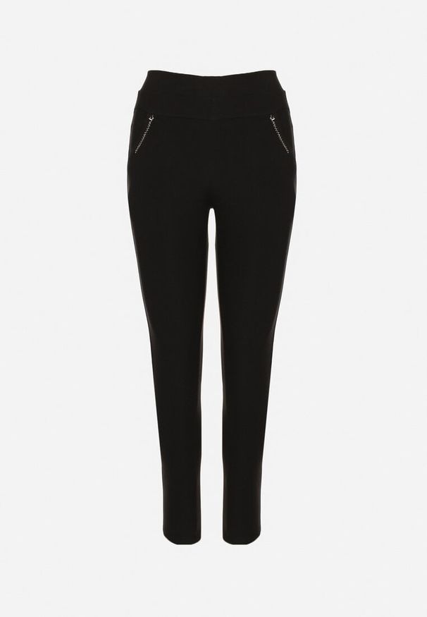 Born2be - Czarne Dopasowane Spodnie z Wysokim Stanem i Cyrkoniami Lavivane. Stan: podwyższony. Kolor: czarny. Wzór: aplikacja