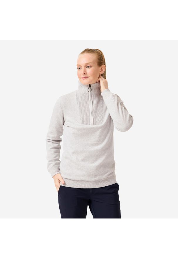 INESIS - Sweter do golfa damski wiatroszczelny MW500 z wysokim kołnierzem. Typ kołnierza: golf. Kolor: szary. Materiał: materiał, poliester, bawełna. Styl: klasyczny, sportowy, elegancki