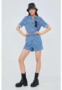 only - Only kombinezon jeansowy bawełniany z kołnierzykiemm. Okazja: na co dzień. Kolor: niebieski. Materiał: bawełna, jeans. Długość rękawa: krótki rękaw. Długość: krótkie. Styl: casual #3