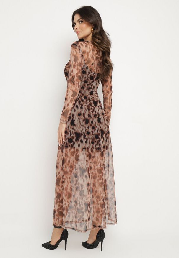 Born2be - Czarno-Beżowa Sukienka z Siateczki w Panterkę z Elastyczną Halką Delafira. Kolor: czarny. Materiał: skóra, materiał. Długość rękawa: długi rękaw. Wzór: motyw zwierzęcy. Styl: elegancki, klasyczny, wizytowy