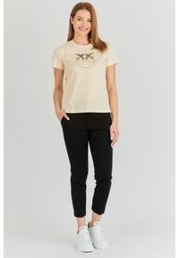Pinko - PINKO Beżowy t-shirt damski z logo z cekinów, Rozmiar L. Kolor: beżowy. Materiał: prążkowany #3