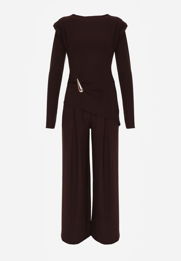 Born2be - Brązowy Elegancki Komplet Szerokie Spodnie i Bluzka z Usztywnianymi Ramionami Sewesta. Kolor: brązowy