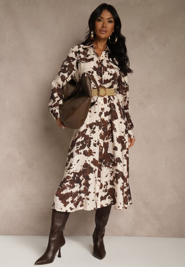 Renee - Brązowa Sukienka z Wiskozą o Koszulowym Kroju z Paskiem w Krowie Łaty Carlitia. Okazja: na imprezę. Kolor: brązowy. Materiał: wiskoza. Typ sukienki: koszulowe