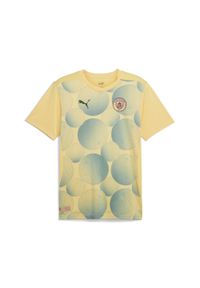 Puma - Męska koszulka przedmeczowa z krótkim rękawem Manchester City PUMA. Kolor: niebieski, wielokolorowy, żółty. Długość rękawa: krótki rękaw. Długość: krótkie. Sport: piłka nożna