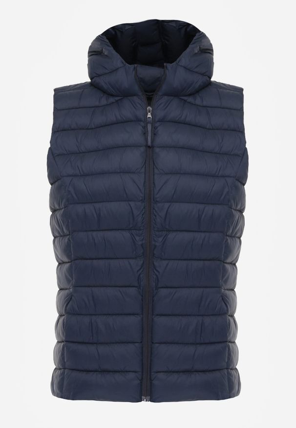 Born2be - Granatowa Pikowana Kamizelka Przejściowa z Kapturem Neanissa. Okazja: na co dzień. Typ kołnierza: kaptur. Kolor: niebieski. Materiał: jeans. Styl: casual