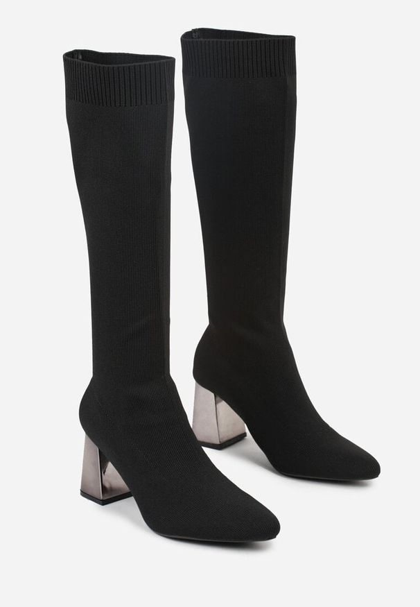 Renee - Czarne Eleganckie Kozaki VICES na Metalicznym Obcasie ze Skarpetkową Cholewką Nalaina. Okazja: na co dzień. Kolor: czarny. Materiał: skóra. Szerokość cholewki: normalna. Obcas: na obcasie. Styl: elegancki. Wysokość obcasa: średni