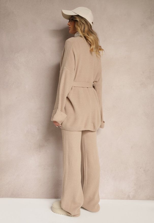 Renee - Beżowy Sweterkowy Komplet Kardigan z Wiązaniem i Szerokie Spodnie Edionisa. Kolor: szary