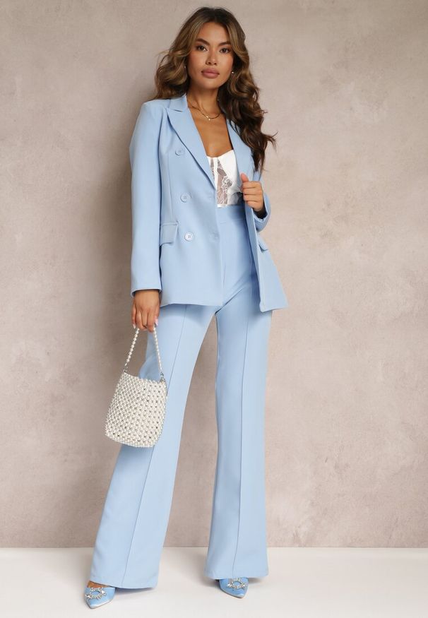 Renee - Niebieska Dwurzędowa Marynarka z Ozdobnymi Klapami Elizabeto. Kolor: niebieski. Materiał: jeans. Długość: krótkie. Styl: elegancki