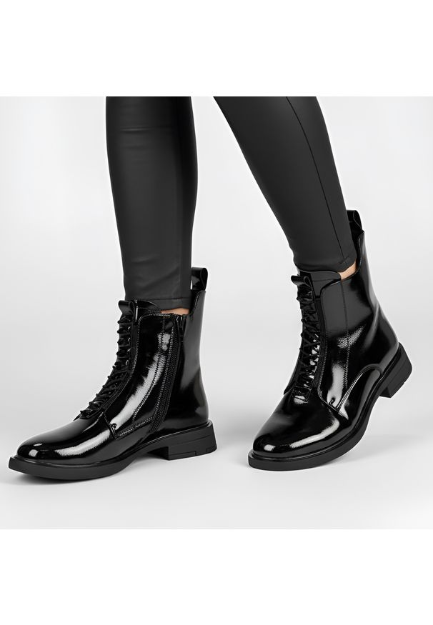 Czarne Botki S.Barski Lakierowane Buty Damskie. Okazja: na co dzień. Kolor: czarny. Materiał: lakier. Styl: rockowy, casual, klasyczny, wizytowy