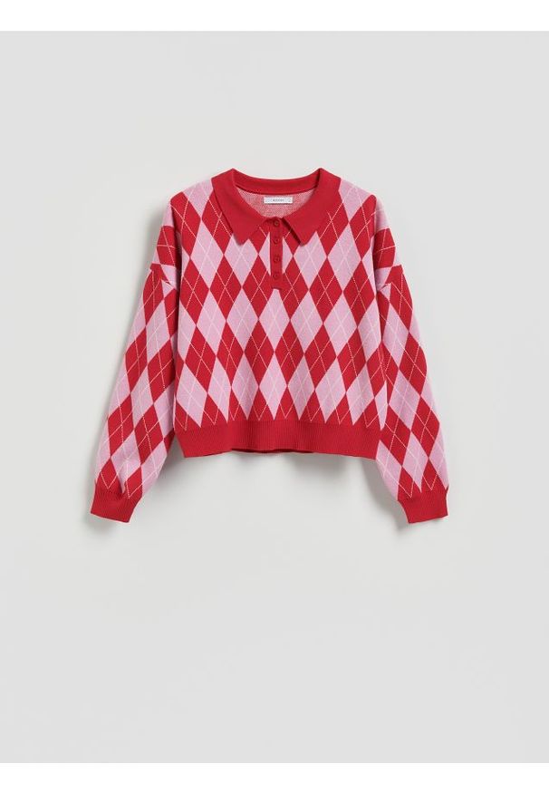 Reserved - Wzorzysty sweter z kołnierzykiem - wielobarwny. Materiał: wiskoza, dzianina