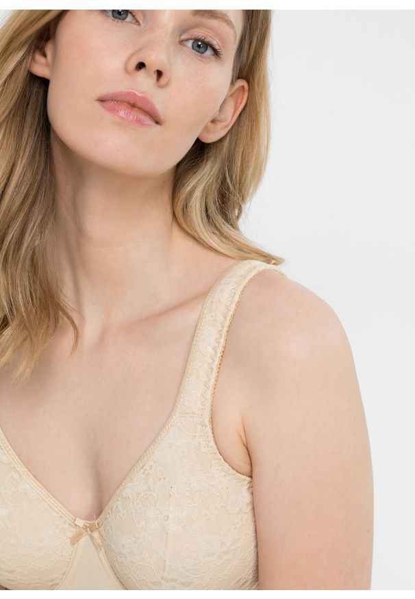 bonprix - Biustonosz minimizer z wyściełanymi ramiączkami. Kolor: beżowy. Materiał: materiał, koronka. Rodzaj stanika: różne sposoby noszenia, wyściełane miseczki. Wzór: koronka