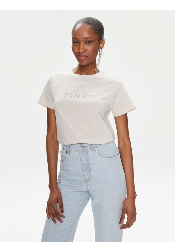 Pinko T-Shirt Start 101752 A1NW Beżowy Regular Fit. Kolor: beżowy. Materiał: bawełna