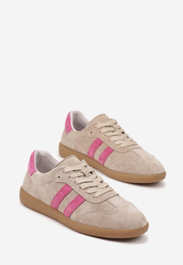 Born2be - Beżowo-Różowe Sneakersy na Płaskiej Podeszwie ze Skórzaną Wkładką i Geometrycznym Wzorem Nelirria. Okazja: do pracy, na spacer. Kolor: beżowy. Materiał: skóra. Wzór: geometria. Obcas: na płaskiej podeszwie. Sport: turystyka piesza