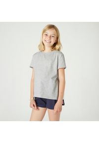 DOMYOS - Koszulka z krótkim rękawem dziecięca Domyos 500. Kolor: szary. Materiał: lyocell, bawełna, poliester, materiał, elastan. Długość rękawa: krótki rękaw. Długość: krótkie