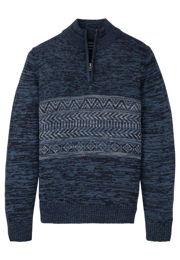 Sweter z zamkiem bonprix ciemnoniebieski wzorzysty. Kolor: niebieski. Materiał: wełna, dzianina, materiał, akryl. Wzór: aplikacja, melanż. Styl: klasyczny