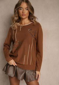 Renee - Brązowy Sweter z Cyrkoniowymi Sercami Unorevia. Kolor: brązowy. Materiał: jeans