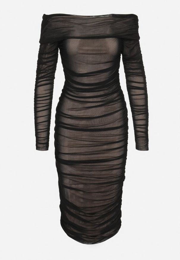 Born2be - Czarna Marszczona Sukienka Siateczkowa Hiszpanka z Wywiniętym Dekoltem Tinaveris. Typ kołnierza: dekolt hiszpanka. Kolor: czarny. Długość rękawa: długi rękaw. Sezon: lato. Styl: klasyczny, elegancki