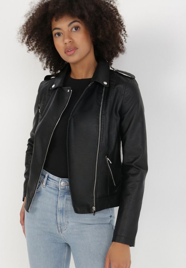 Born2be - Czarna Ramoneska Alisma. Kolor: czarny. Materiał: dzianina. Długość: długie. Styl: klasyczny