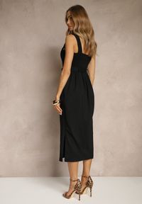 Renee - Czarna Sukienka z Wiskozą o Dopasowanym Kroju z Paskiem z Klamrą i Rozcięciami Mepona. Okazja: na co dzień. Kolor: czarny. Materiał: wiskoza. Styl: elegancki, casual #5