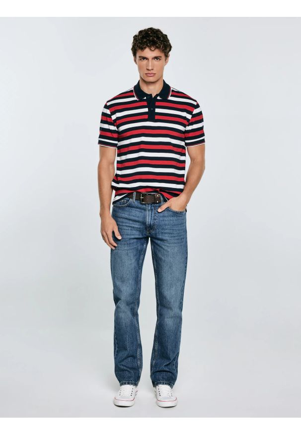 Big-Star - Koszulka męska polo w kolorowe paski Seulir 603. Okazja: na co dzień. Typ kołnierza: polo. Kolor: czerwony. Materiał: dzianina, żakard, jeans. Wzór: paski, kolorowy. Styl: klasyczny, street, elegancki, casual