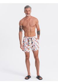 Ombre Clothing - Szorty męskie kąpielówki w kolorowy print - białe V2 - Rozmiar: L. Okazja: na plażę. Kolor: biały. Materiał: poliester, materiał. Wzór: kolorowy, nadruk