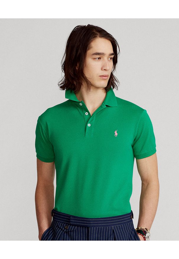 Ralph Lauren - RALPH LAUREN - Zielona koszulka polo Mesh Slim Fit Stretch. Typ kołnierza: polo. Kolor: zielony. Materiał: mesh. Wzór: aplikacja, haft, ze splotem. Sezon: lato. Styl: klasyczny