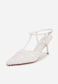 Born2be - Białe Siateczkowe Sandały na Szpilce z Noskiem Zdobionym Koralikami Riovela. Okazja: na co dzień, na ślub cywilny, do pracy, na wesele. Zapięcie: pasek. Kolor: biały. Wzór: aplikacja. Obcas: na szpilce. Styl: casual, elegancki #9