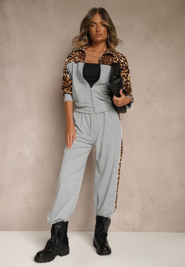Renee - Szary Komplet Dresowy z Panterkowymi Wstawkami Bluza i Spodnie Wide Leg Redrie. Kolor: szary. Materiał: dresówka. Wzór: aplikacja, motyw zwierzęcy