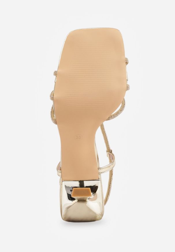 Born2be - Złote Sandały VICES na Szpilce z Paskami z Cyrkoniami Zellyss. Okazja: na wesele, na ślub cywilny. Zapięcie: pasek. Kolor: złoty. Materiał: satyna. Wzór: paski, aplikacja. Obcas: na szpilce. Styl: elegancki