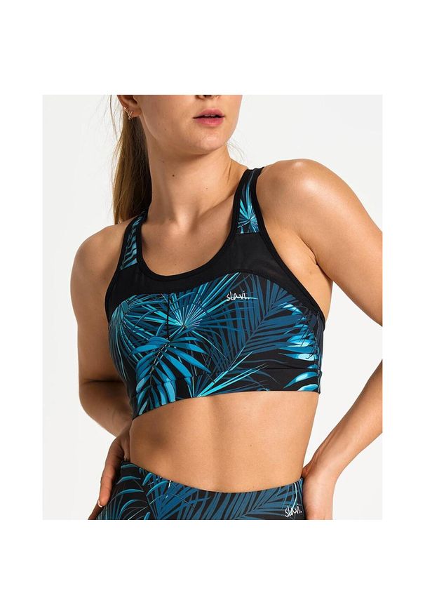 SLAVIWEAR - Stanik sportowy Mesh z zapięciem Dark Tropical. Kolor: niebieski, wielokolorowy, czarny. Materiał: mesh