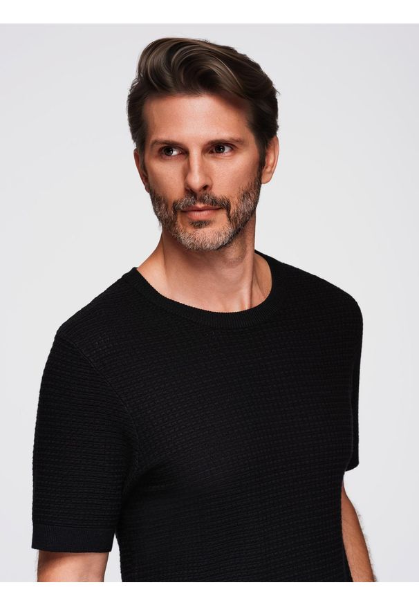 Ombre Clothing - Męska strukturalna dzianinowa koszulka - czarna V3 - Rozmiar: XL. Kolor: czarny. Materiał: dzianina