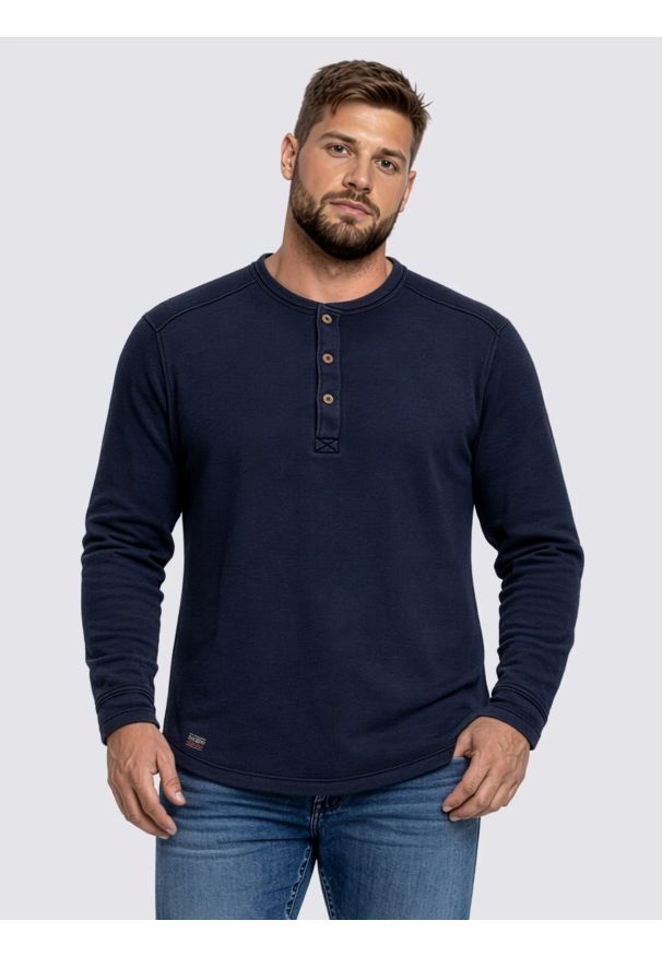 Big-Star - Bluzka męska z długim rękawem granatowa Merrts 403. Okazja: na co dzień. Kolor: niebieski. Materiał: żakard, dzianina, materiał, jeans, bawełna. Długość rękawa: długi rękaw. Długość: długie. Wzór: aplikacja, ze splotem. Styl: casual