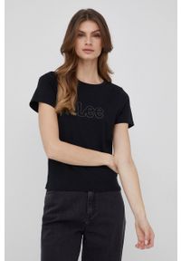 Lee t-shirt bawełniany kolor czarny. Okazja: na co dzień. Kolor: czarny. Materiał: bawełna. Wzór: aplikacja. Styl: casual
