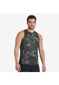 DOMYOS - Koszulka fitness męska Domyos bez rękawów. Kolor: zielony, brązowy, wielokolorowy. Materiał: poliester, materiał. Długość rękawa: bez rękawów