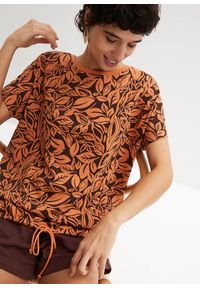bonprix - Shirt z dłuższym tyłem, z wiązanym troczkiem. Kolor: brązowy. Materiał: bawełna. Długość: długie