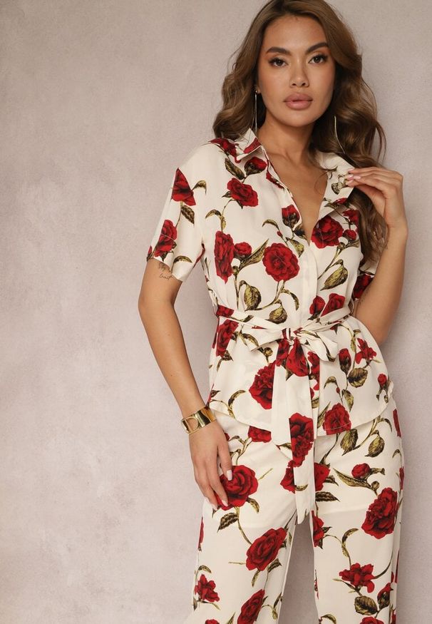 Renee - Beżowo-Bordowa Koszula w Kwiatowy Print Wiązana w Talii Uvularia. Kolor: beżowy. Wzór: nadruk, kwiaty. Styl: elegancki, klasyczny