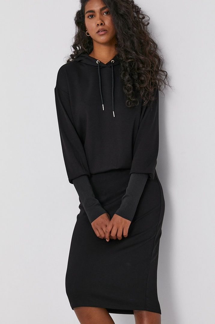 Czarna sukienka Armani Exchange z kapturem, z długim rękawem  /  08056861263193 - Sukienki damskie dzianinowe 