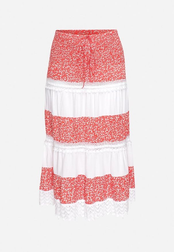 Born2be - Czerwono-Biała Spódnica w Drobne Kwiaty o Rozkloszowanym Fasonie Liofara. Okazja: na co dzień. Kolor: czerwony. Wzór: kwiaty. Sezon: lato. Styl: casual