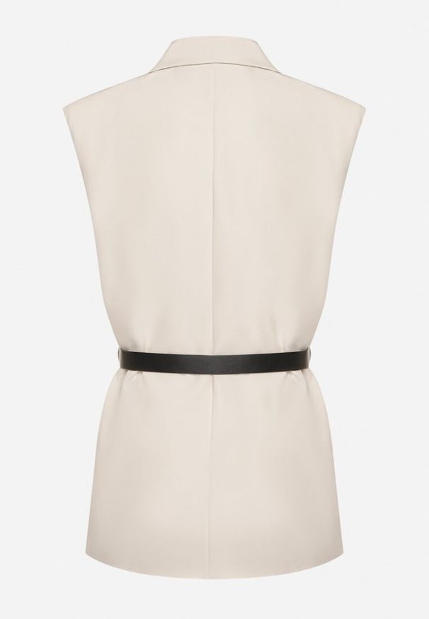 Born2be - Jasnobeżowa Kamizelka Garniturowa Oversize na Guzik z Paskiem Melazi. Okazja: na co dzień, do pracy, na spotkanie biznesowe. Kolor: beżowy. Materiał: jeans. Wzór: aplikacja. Styl: biznesowy, klasyczny, casual, elegancki