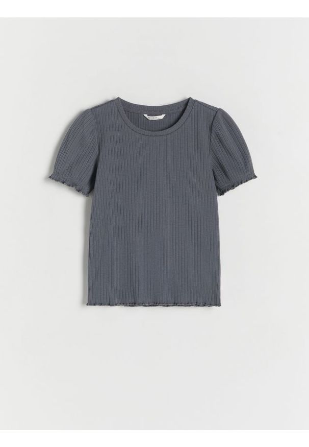 Reserved - T-shirt w prążek - ciemnoszary. Kolor: szary. Materiał: bawełna, dzianina, prążkowany. Wzór: prążki